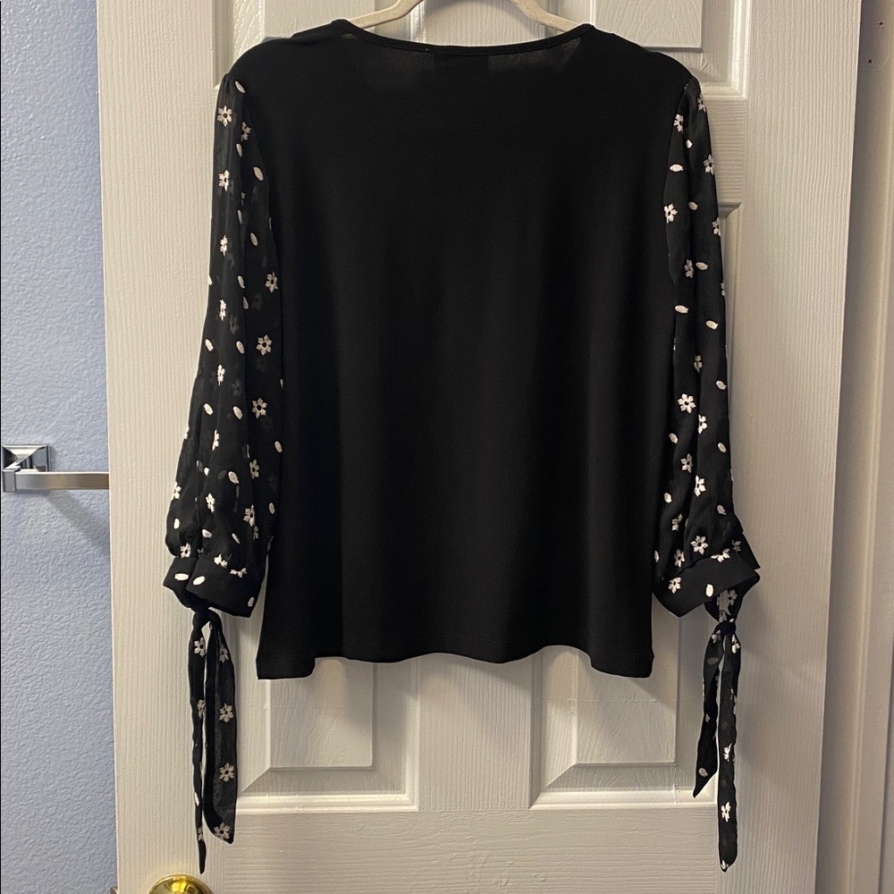 CeCe Black Top with Embroidered Floral Sheer Sleeves - Picture 5 of 12